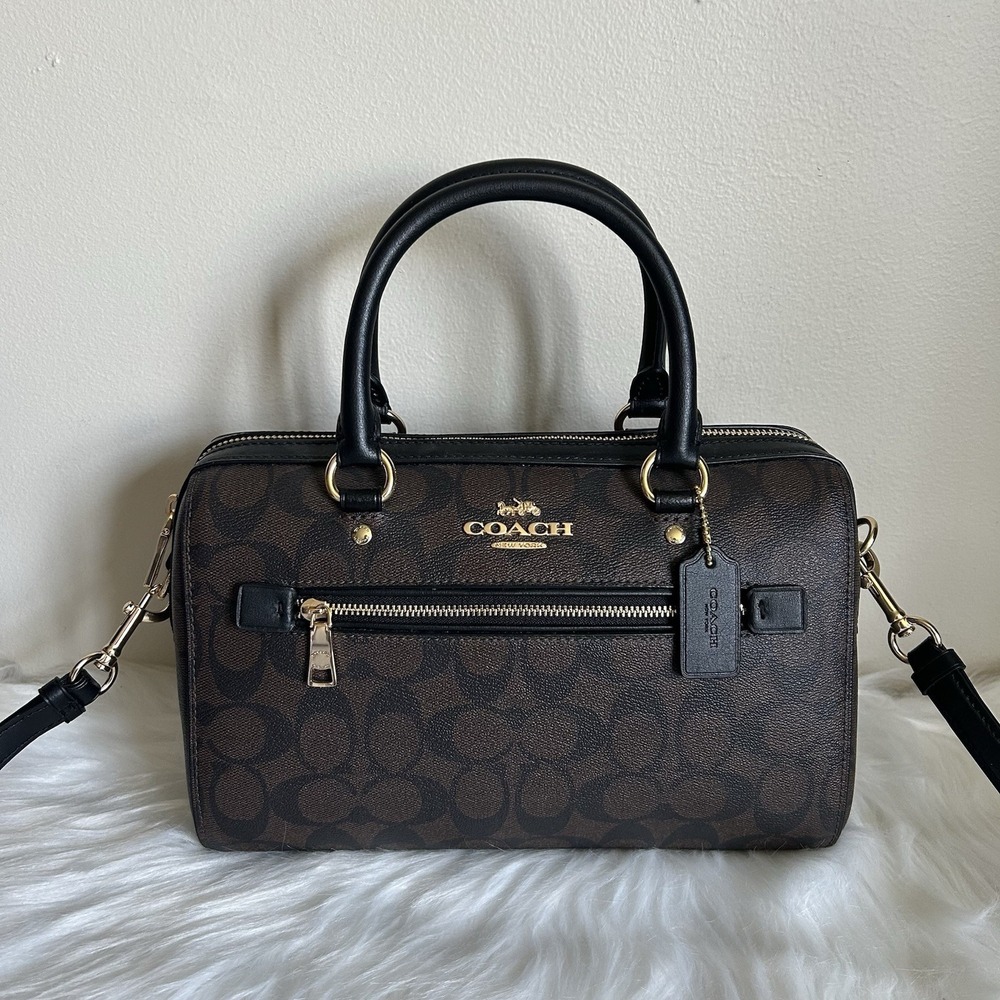 Coach Rowan Satchel Brown Black Signature Canvas Leather Bag F83607 Excellent